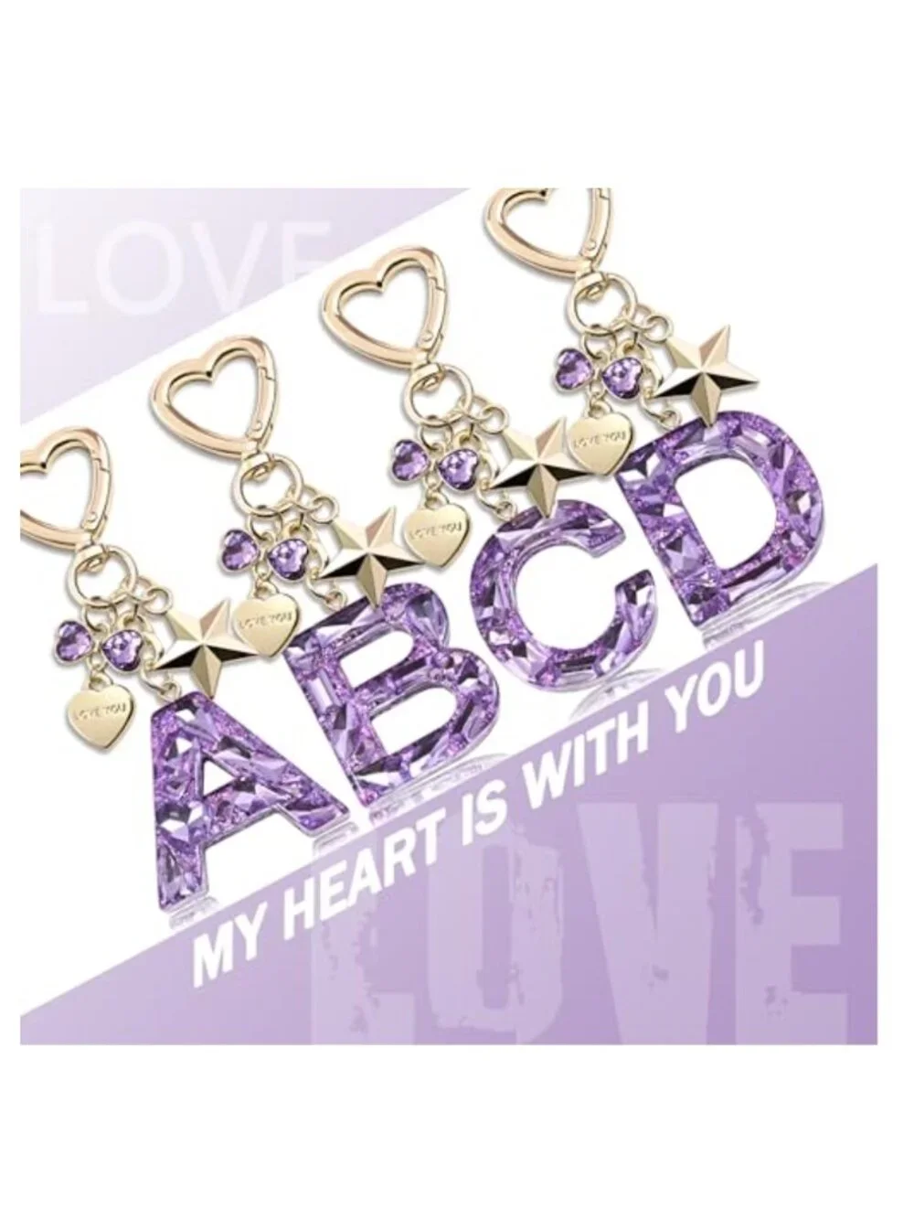 Rhinestone Butterfly Initial Letter Keychain, Shiny Metal & Resin Purse Charm